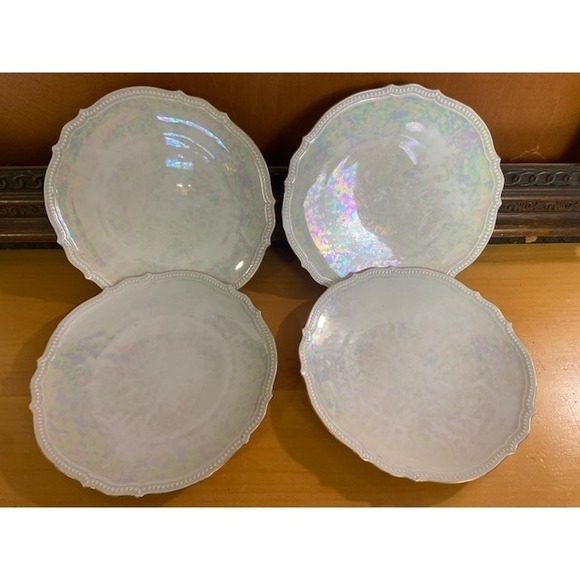 P.K. Silesia Other - Vintage PK Silesia Opalescent Luster Plates Set of 4 Scalloped Gold Trim 8 Inch